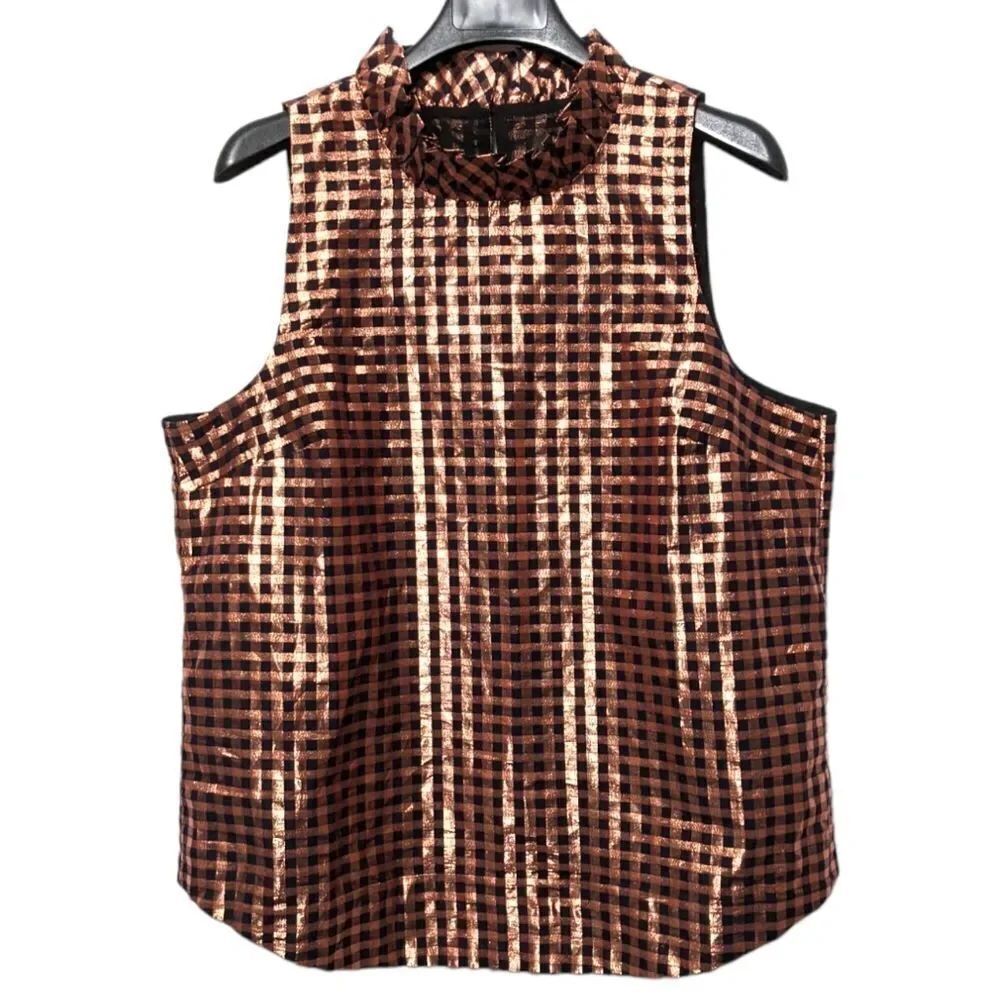NWT J. CREW Lurex® Crinkle Gingham Ruffle Neck Sleeveless Top L